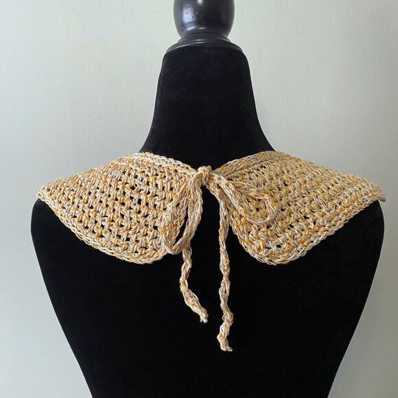 Handmade Crochet Gold Grey Cotton Mohair Holiday Collar Neckwear Accessory - Picture 3 of 7